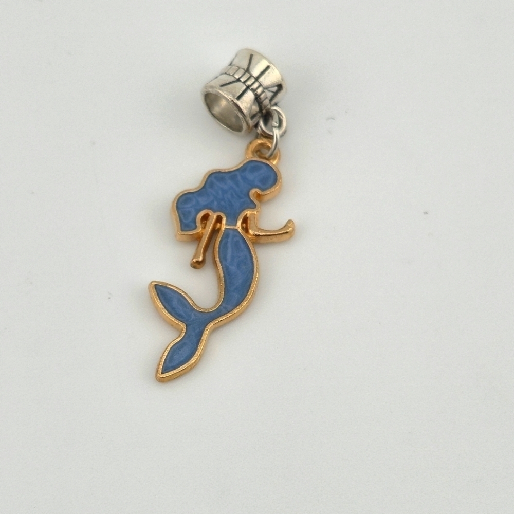 Mermaid Charm Blue Enamel Gold & Silver Tone Dangle Bead for Bracelet Jewelry